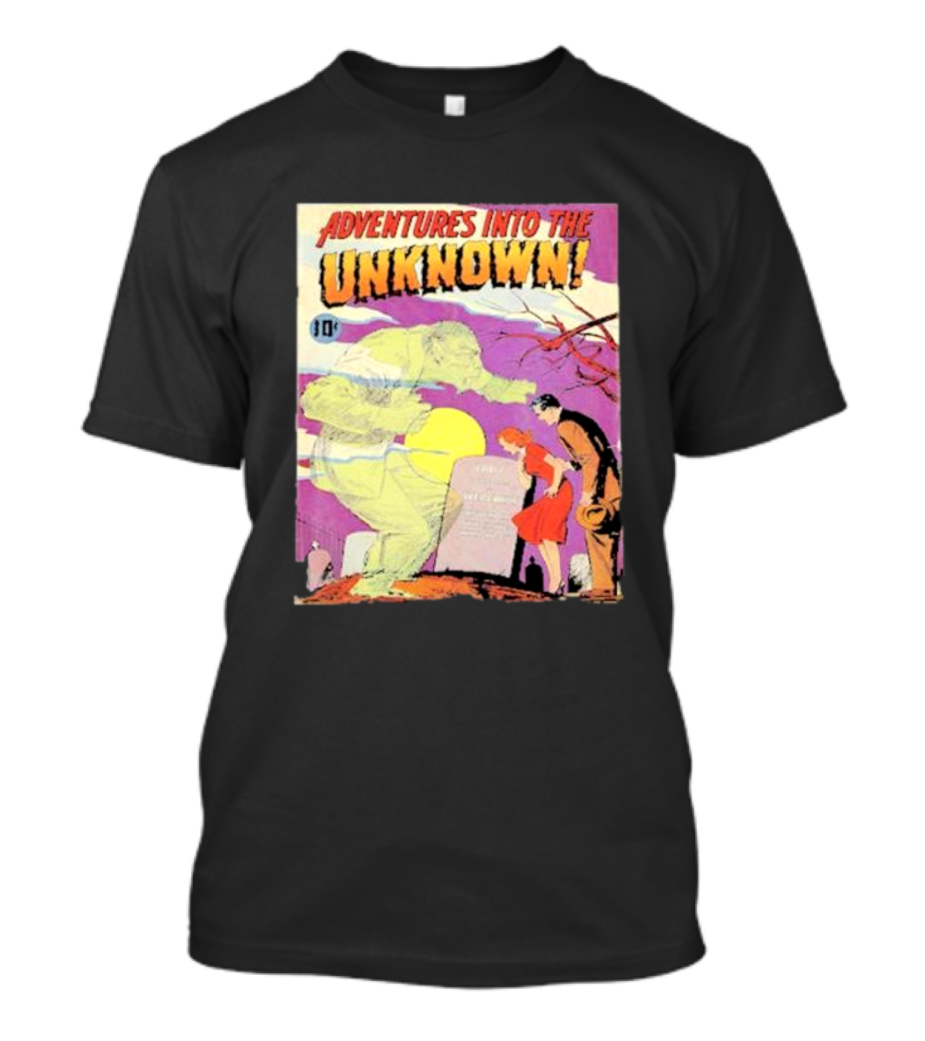Adventures Into The Unknown Comic Cover With Ghostly Figure And Tombstone Scene T-Shirt