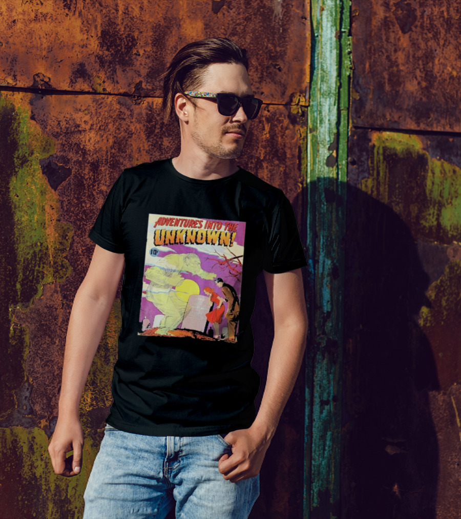 Adventures Into The Unknown Comic Cover With Ghostly Figure And Tombstone Scene T-Shirt