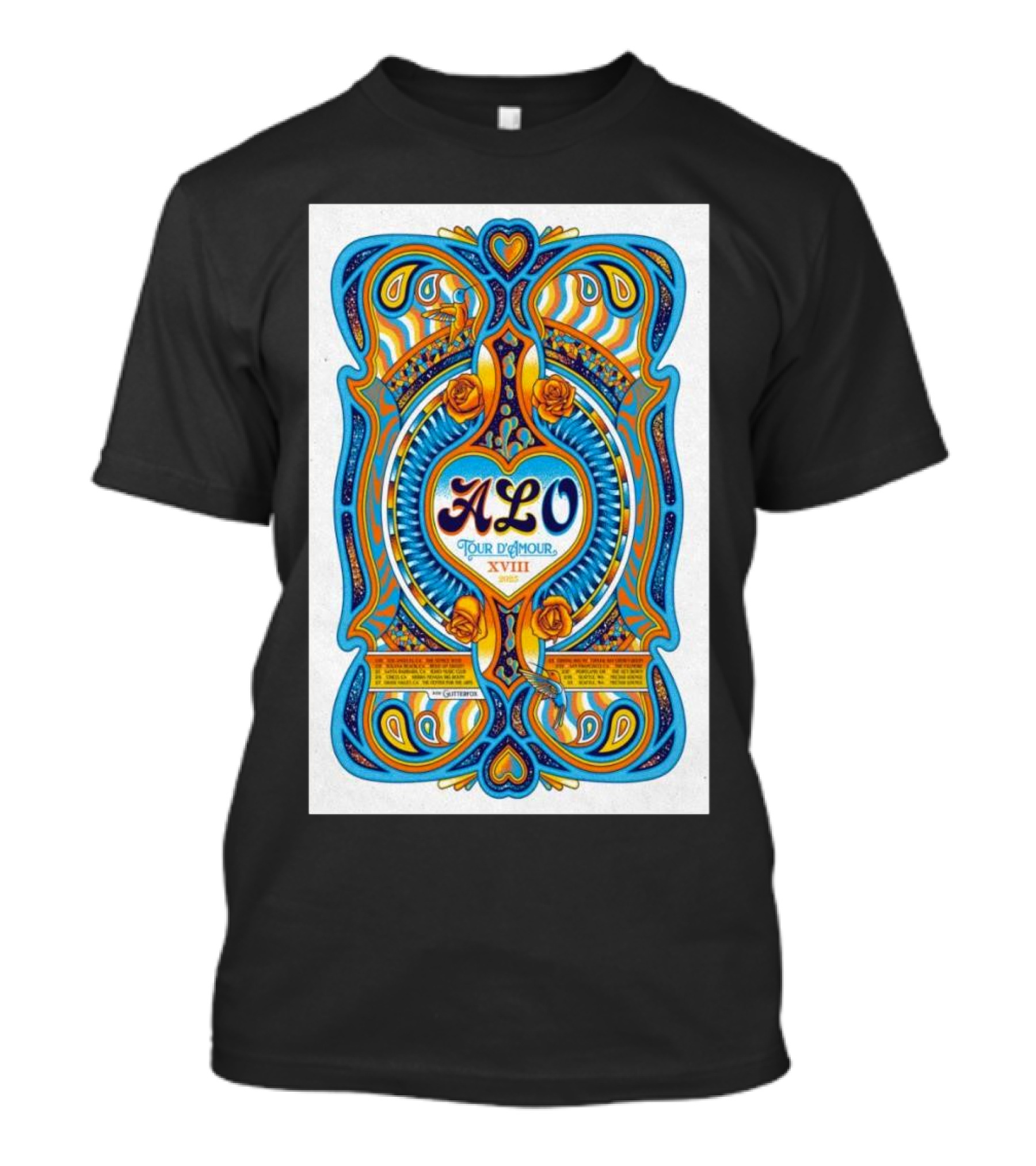 ALO Tour D'Amour XVIII 2025 Art Nouveau Psychedelic Blue Orange Roses T-Shirt