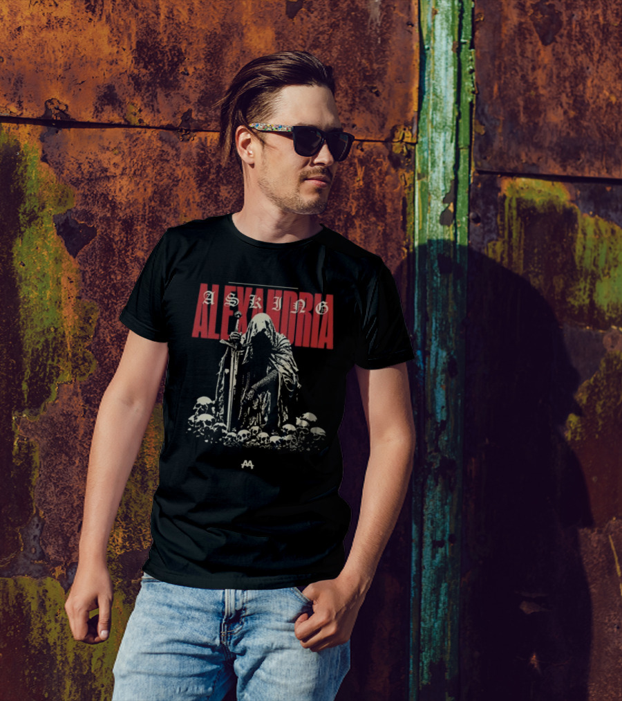 Asking Alexandria Skeleton Cloaked Figure With Sword Among Skulls T-Shirt