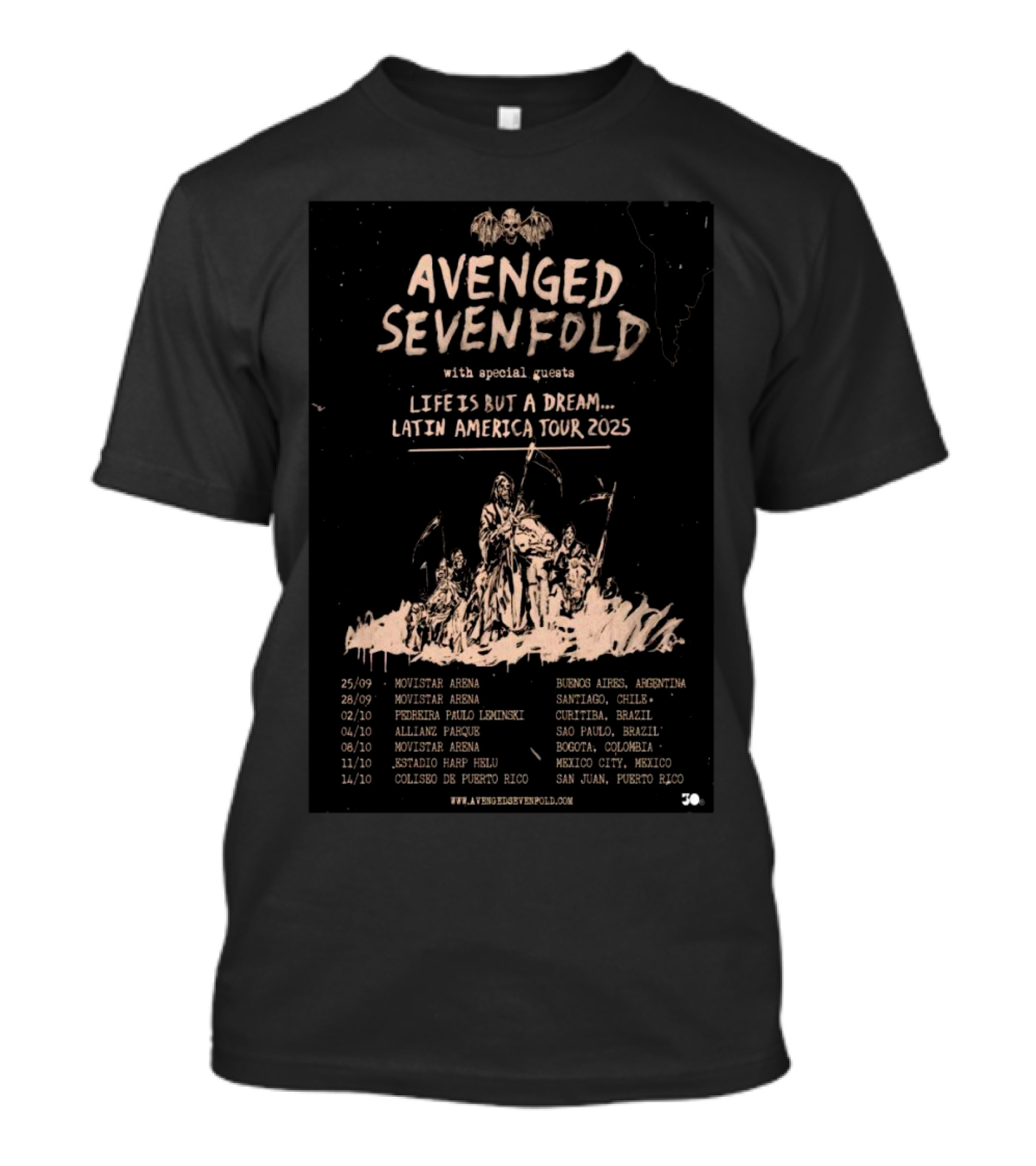 Avenged Sevenfold Life Is But A Dream Latin America Tour 2025 With Special Guests Dates And Locations T-Shirt