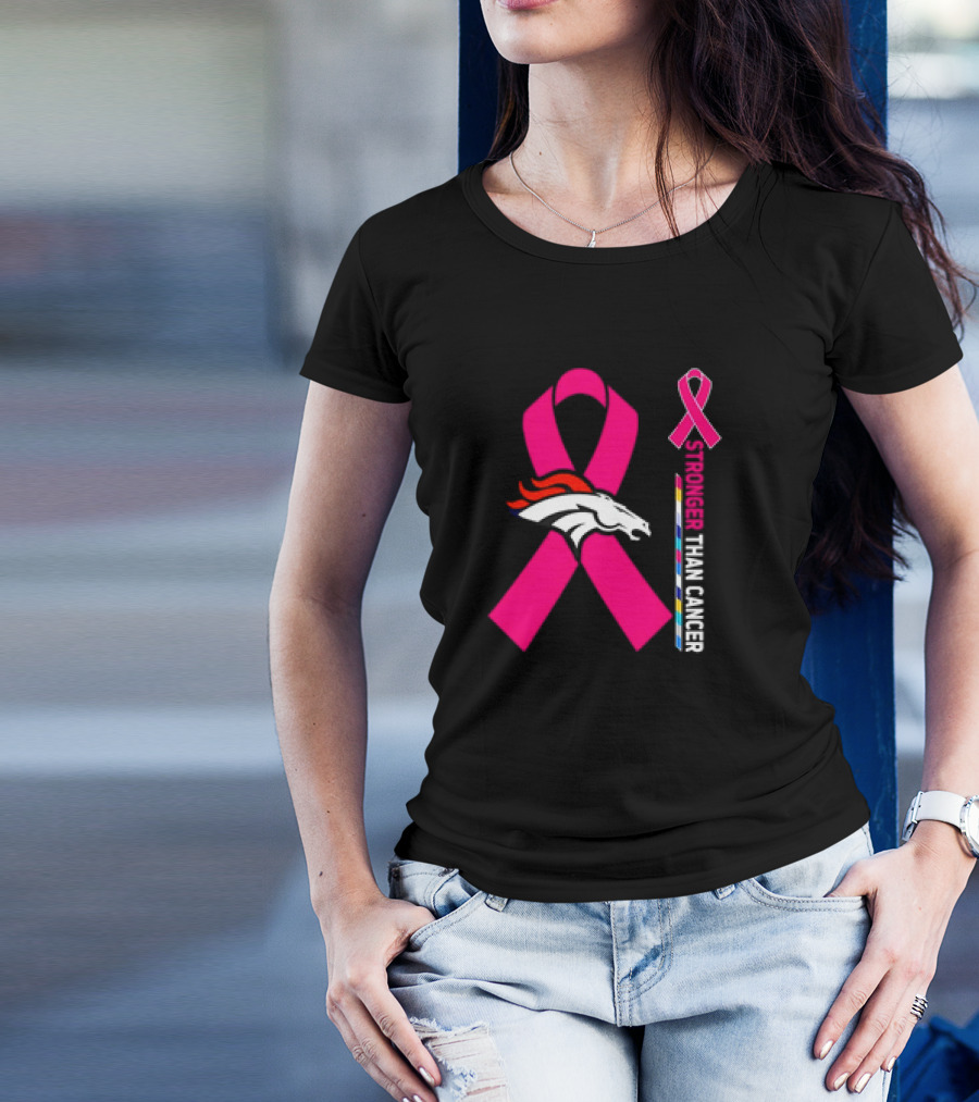 Denver Broncos Pink Ribbon Stronger Than Cancer Awareness T-Shirt