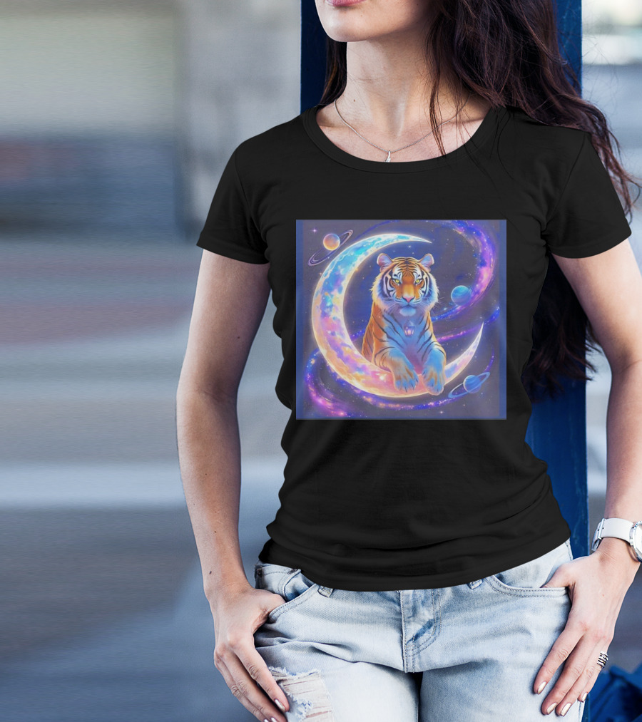 Cosmic Tiger Resting On A Crescent Moon Surrounded By Planets And Stars T-Shirt