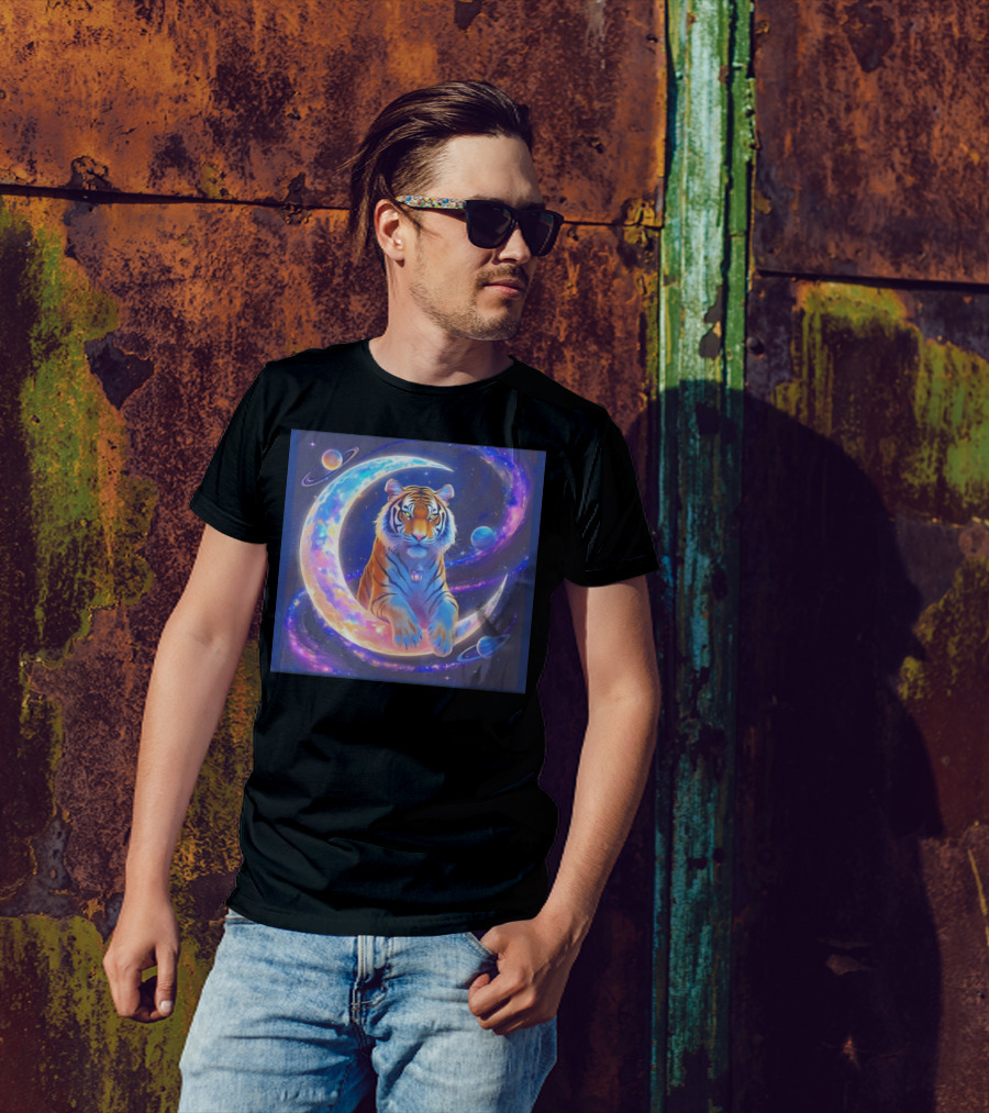 Cosmic Tiger Resting On A Crescent Moon Surrounded By Planets And Stars T-Shirt