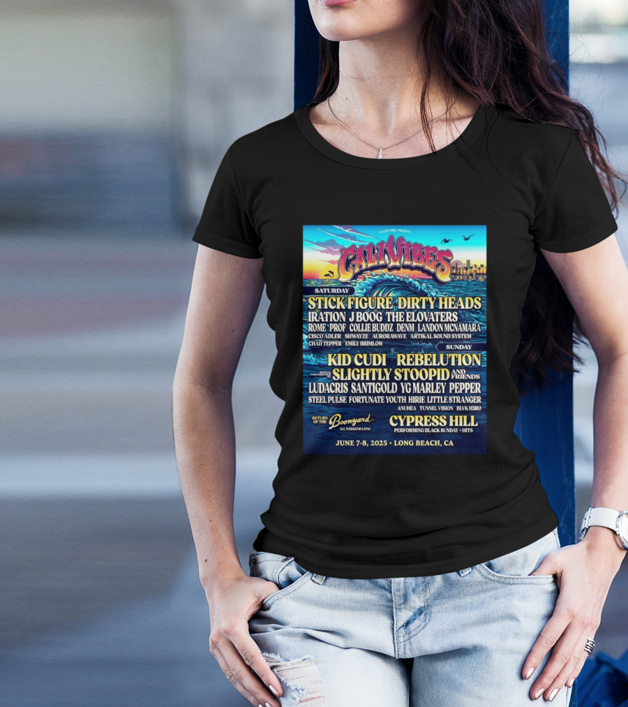 Cali Vibes June 7 8 2025 Long Beach CA Saturday Stick Figure Dirty Heads Sunday Kid Cudi Rebelution Slightly Stoopid T-Shirt