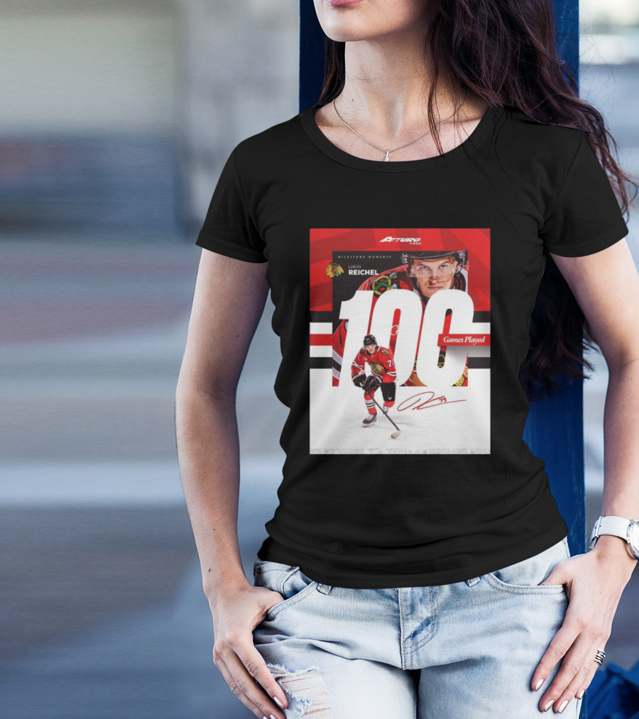Chicago Blackhawks Milestone Moments Lukas Reichel 100 Games Played Signature T-Shirt