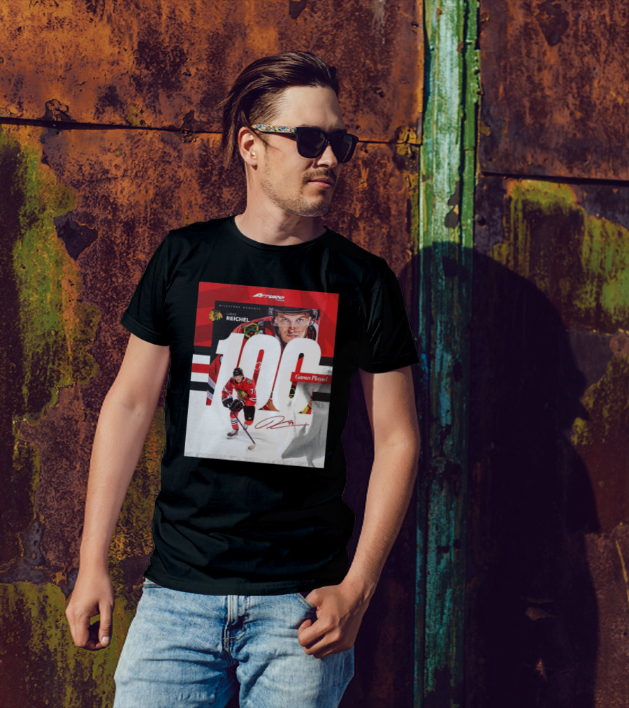 Chicago Blackhawks Milestone Moments Lukas Reichel 100 Games Played Signature T-Shirt