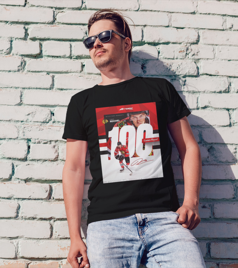 Chicago Blackhawks Milestone Moments Lukas Reichel 100 Games Played Signature T-Shirt