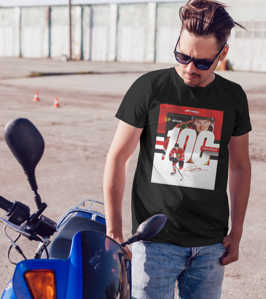 Chicago Blackhawks Milestone Moments Lukas Reichel 100 Games Played Signature T-Shirt