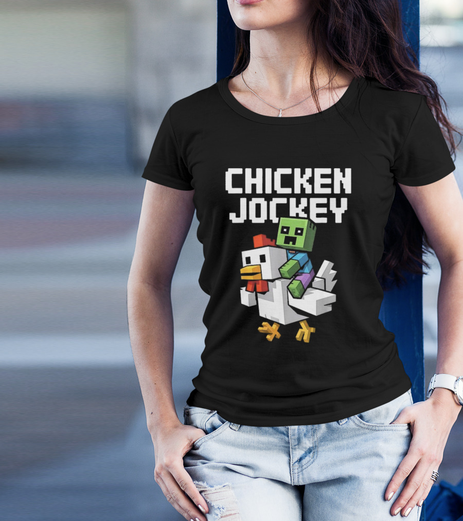 CHICKEN JOCKEY Pixelated Green Zombie Riding White Chicken T-Shirt