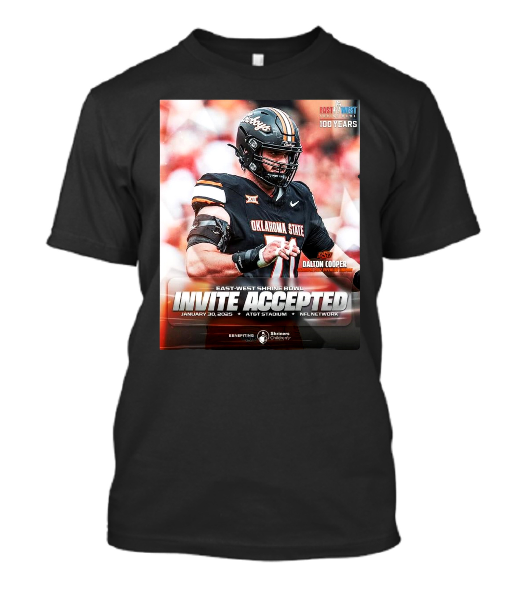 Dalton Cooper Oklahoma State Cowboys East-West Shrine Bowl Invite Accepted Jan 30 2025 AT&T Stadium T-Shirt