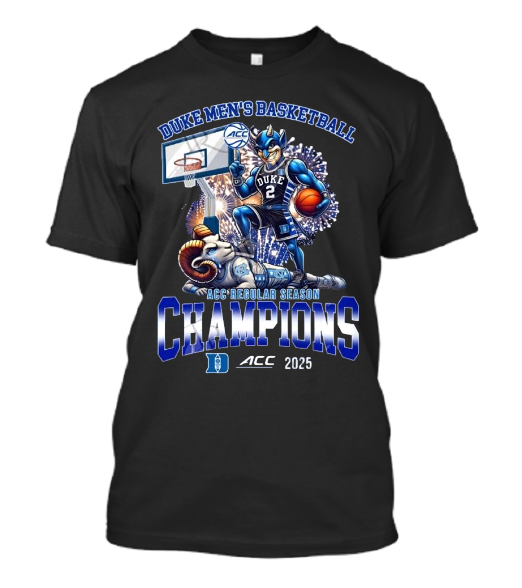 Duke Blue Devils Men’s Basketball ACC Regular Season Champions 2025 Mascot Fireworks T-Shirt