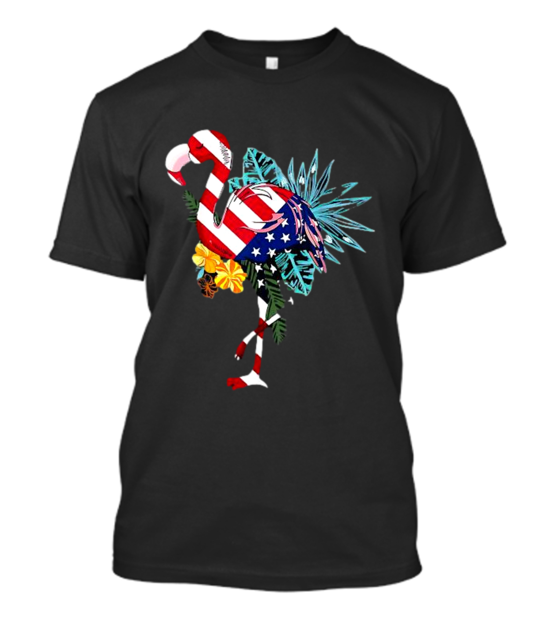Flamingo American Flag 4th Of July Flower T-Shirt