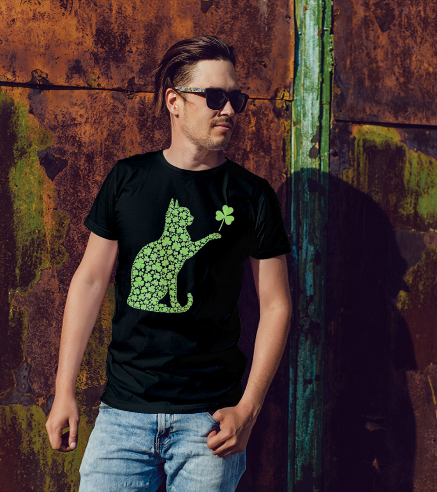 Funny St. Patrick’S Day Shamrock Cat Irish T-Shirt