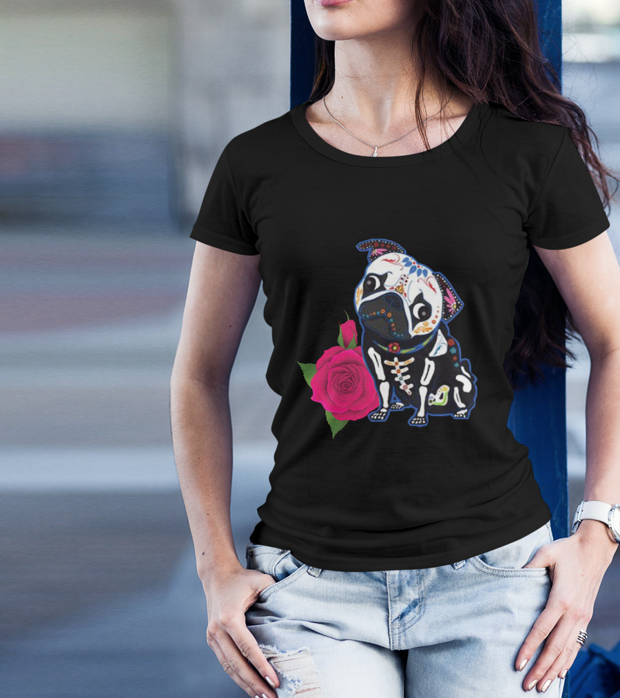 Day Of The Dead Sugar Skull Pug With Rose T-Shirt
