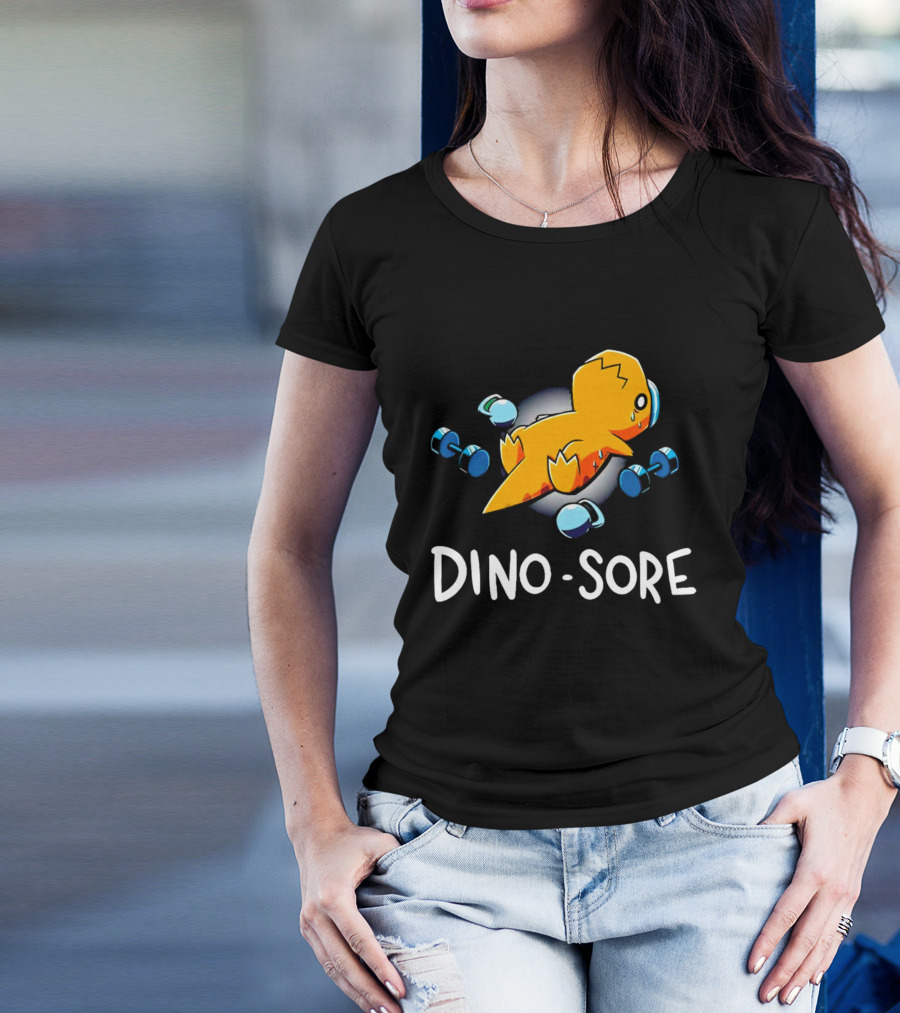 Elspeth Eastman Dino Sore Cute Tired Dinosaur With Weights T-Shirt