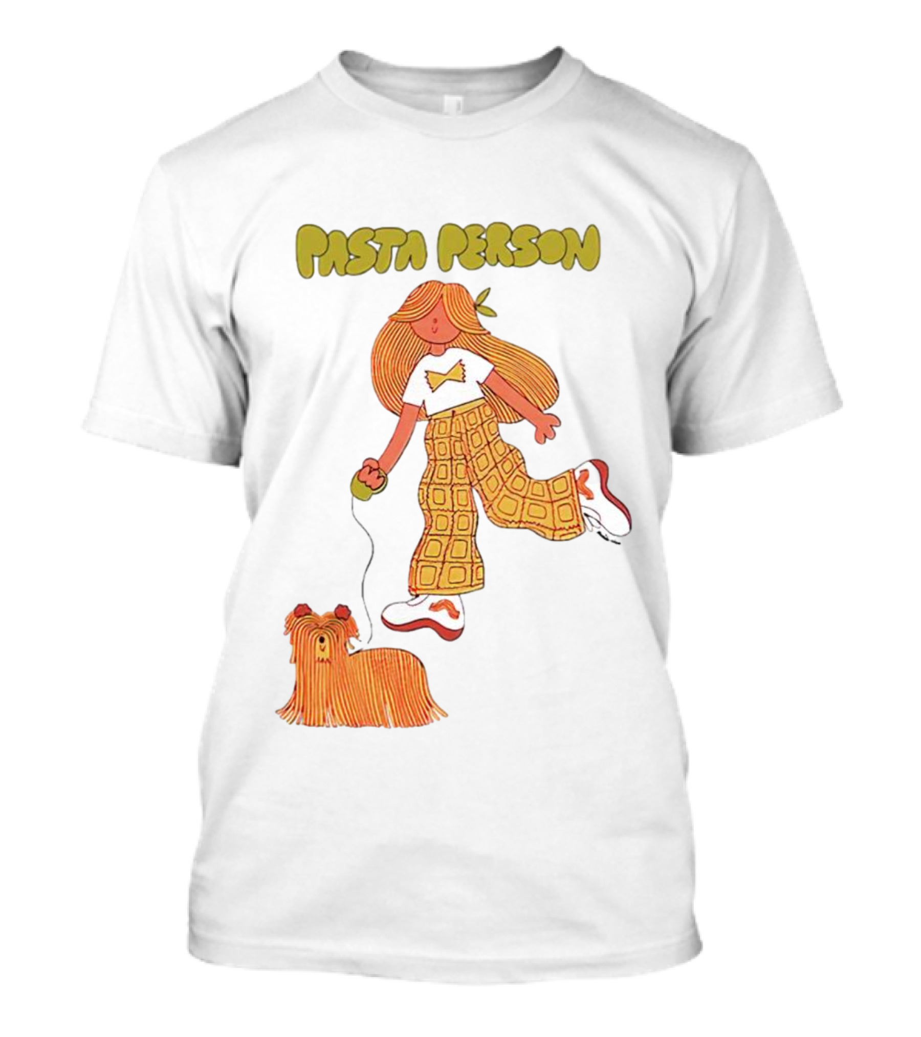 Pasta Person Walking Dog In Checkered Pants And White Sneakers T-Shirt