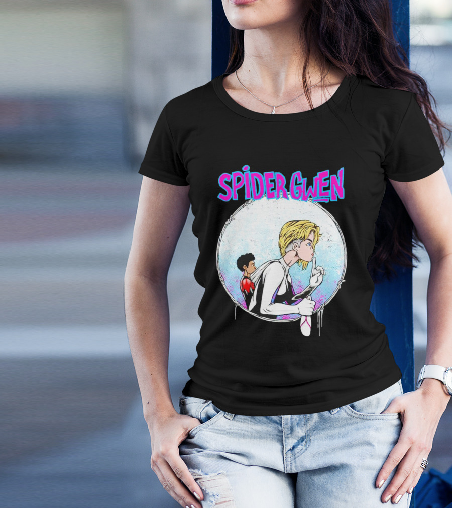 Spider-Gwen Silence Gesture With Spider Emblem Background T-Shirt