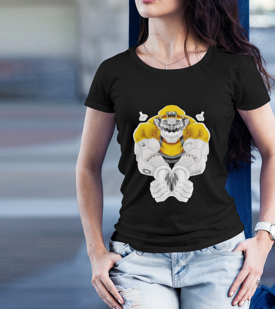 Wario Time Mario Daisy Tattoo With Yellow Cap And Muscle Pose T-Shirt