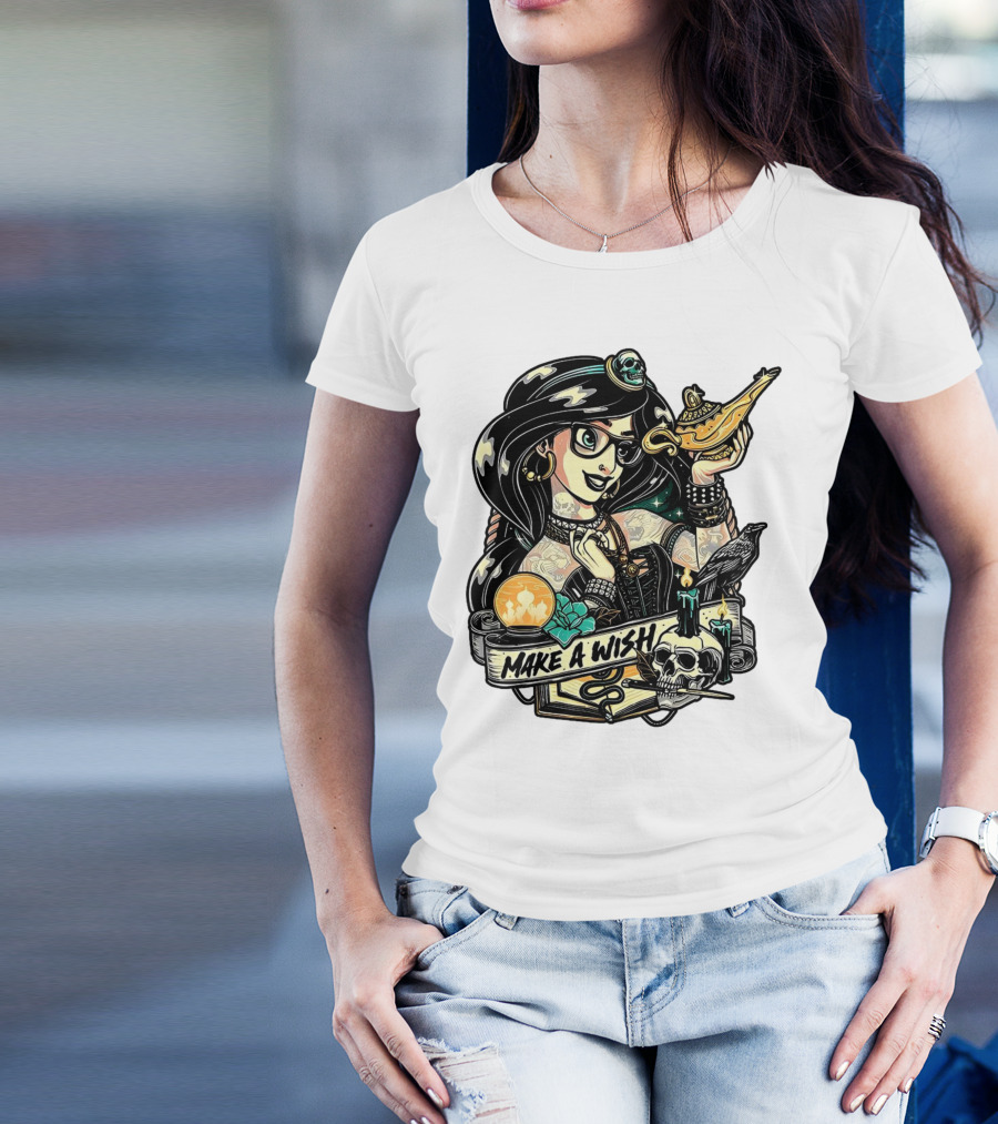 Jasmine Princess Aladdin Make A Wish Tattoo Style With Skull And Lamp T-Shirt
