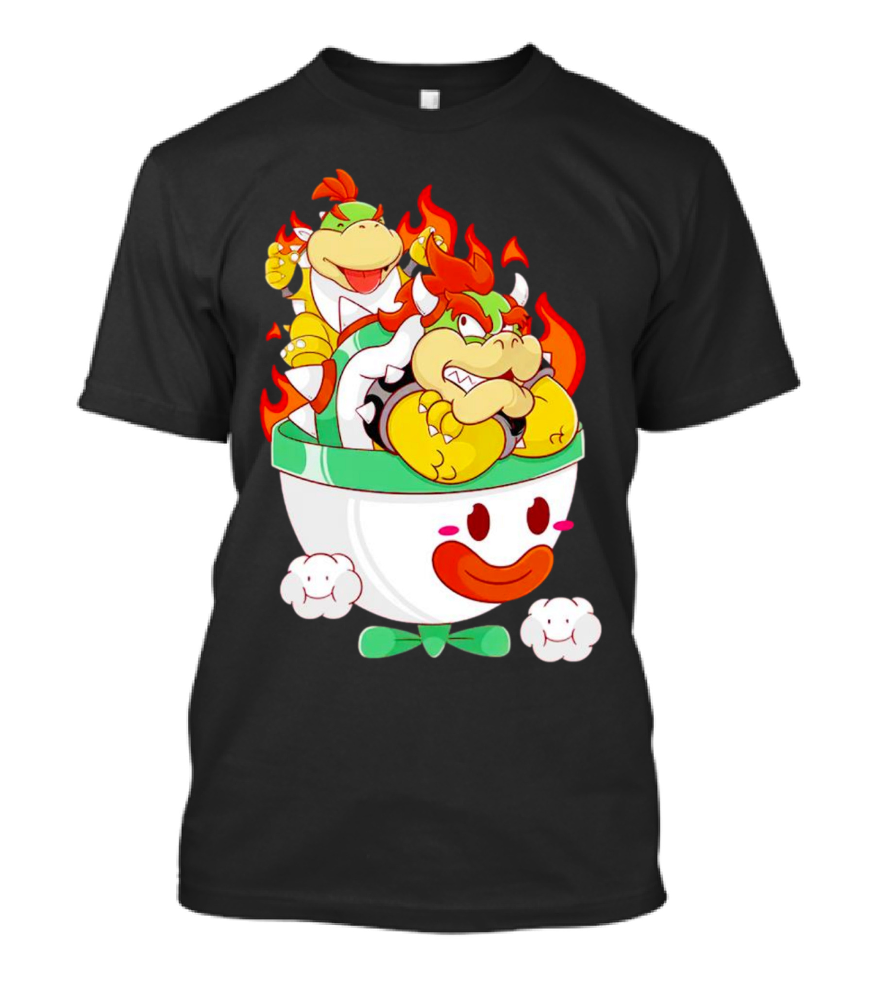Bowser And Bowser Jr. Father And Son In Clown Car With Flames T-Shirt