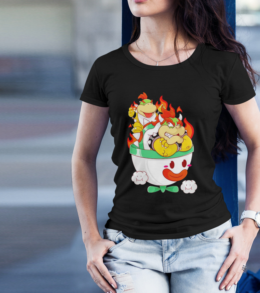 Bowser And Bowser Jr. Father And Son In Clown Car With Flames T-Shirt
