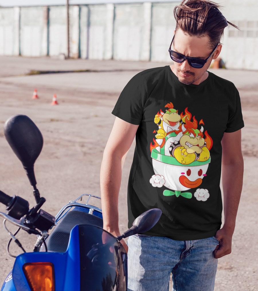 Bowser And Bowser Jr. Father And Son In Clown Car With Flames T-Shirt