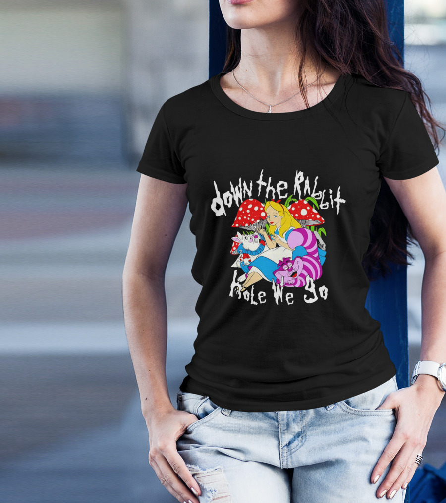 Down The Rabbit Hole We Go Alice Cat Mushrooms Wonderland T-Shirt