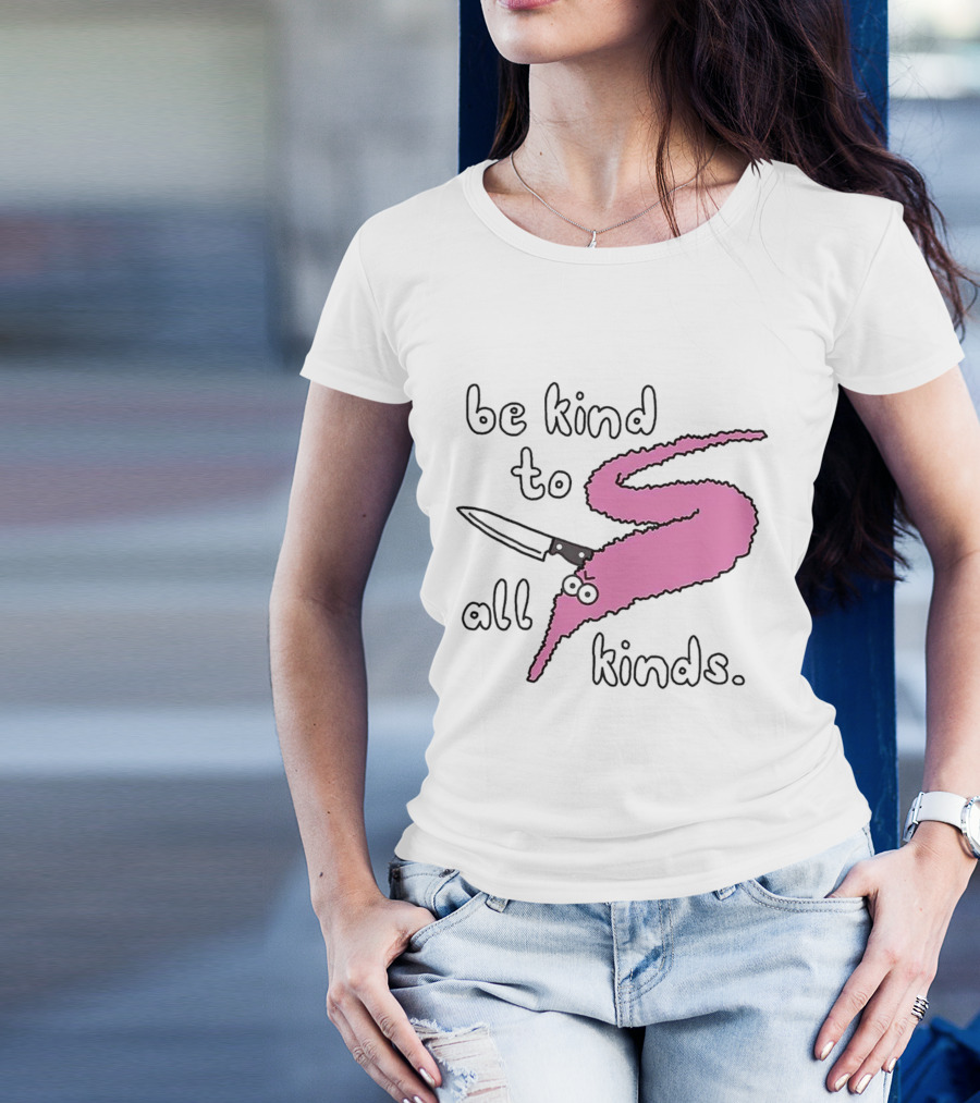 Be Kind To All Kinds Pink Squiggle Worm With Knife T-Shirt