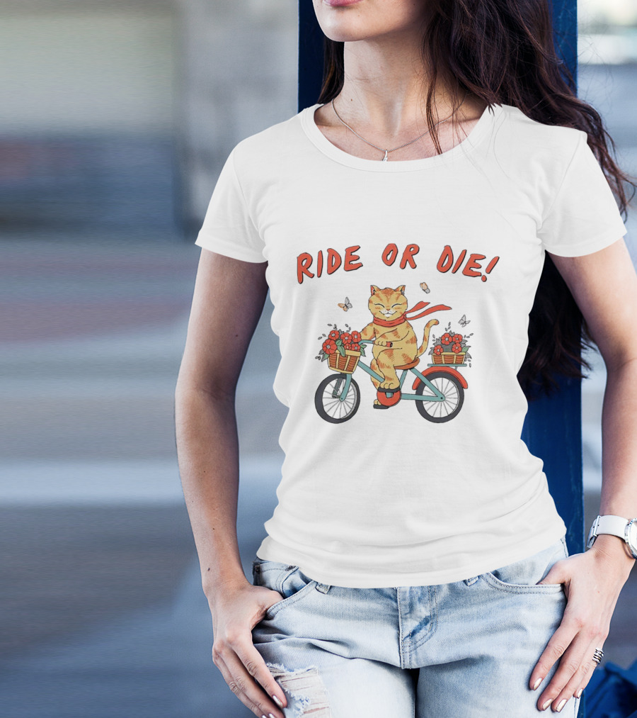 Ride Or Die Catana Bike Riding Cat With Flowers And Scarf T-Shirt