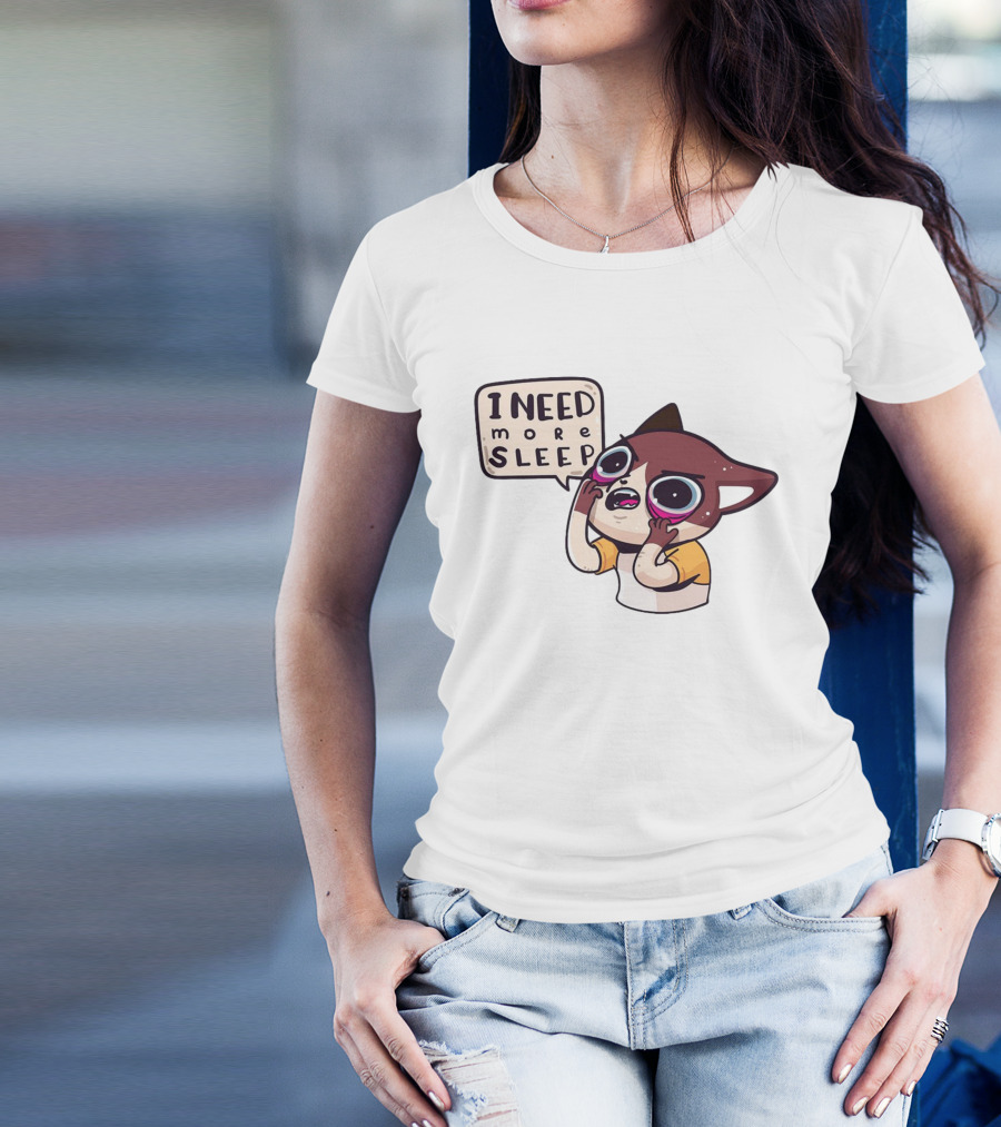I Need More Sleep Tired Cartoon Character With Big Eyes And Pajamas T-Shirt