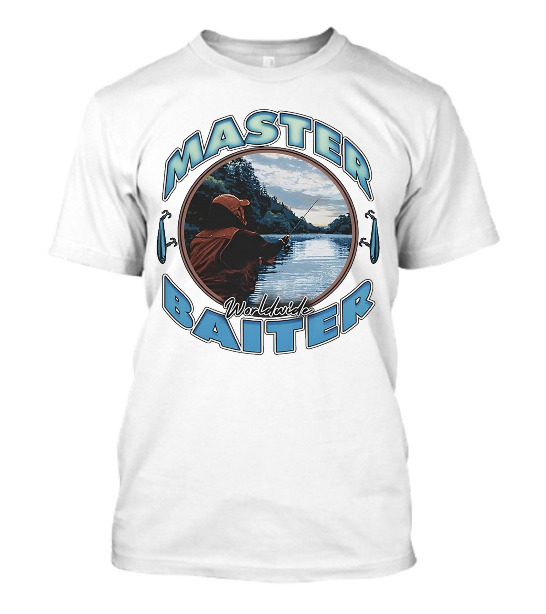 Master Baiter Worldwide Fishing Scene With Blue Text And Water Reflection T-Shirt