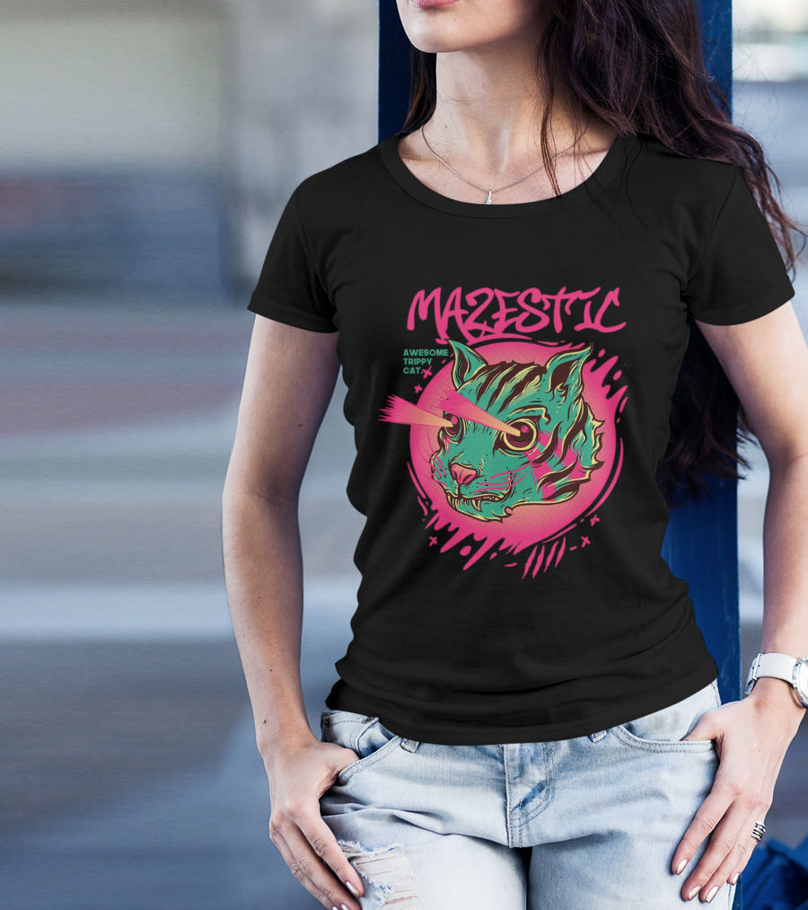 Mazestic Awesome Trippy Cat Psychedelic Neon Laser Eyes T-Shirt