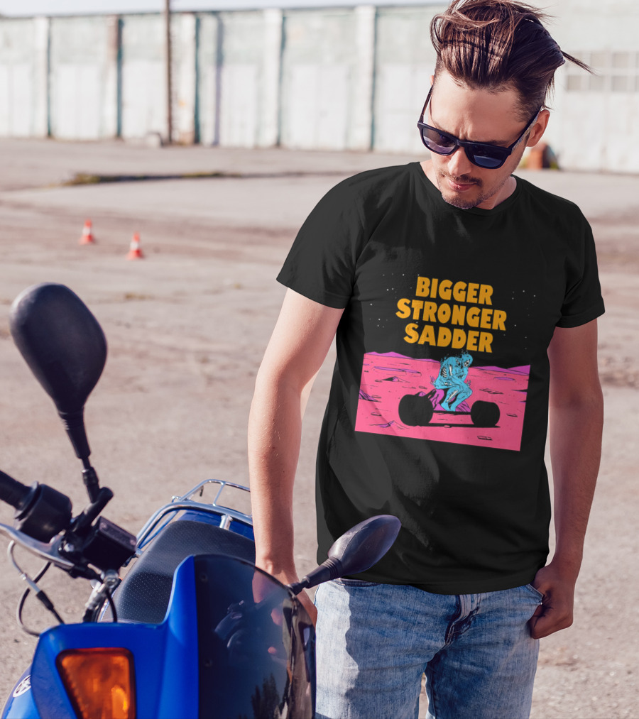 Bigger Stronger Sadder Skeleton Lifting Weights On Alien Planet T-Shirt