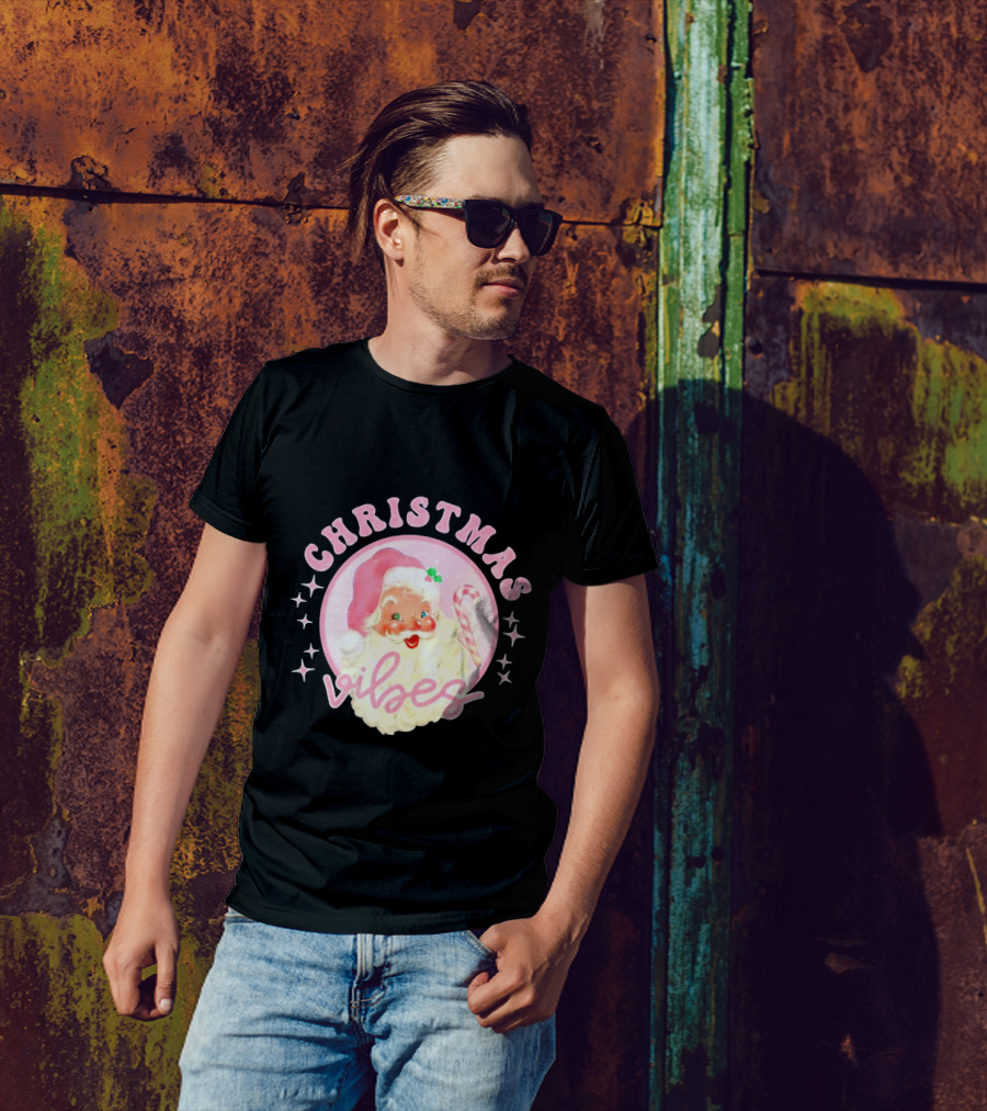 Christmas Vibes Santa Claus Candy Cane Retro Holiday T-Shirt