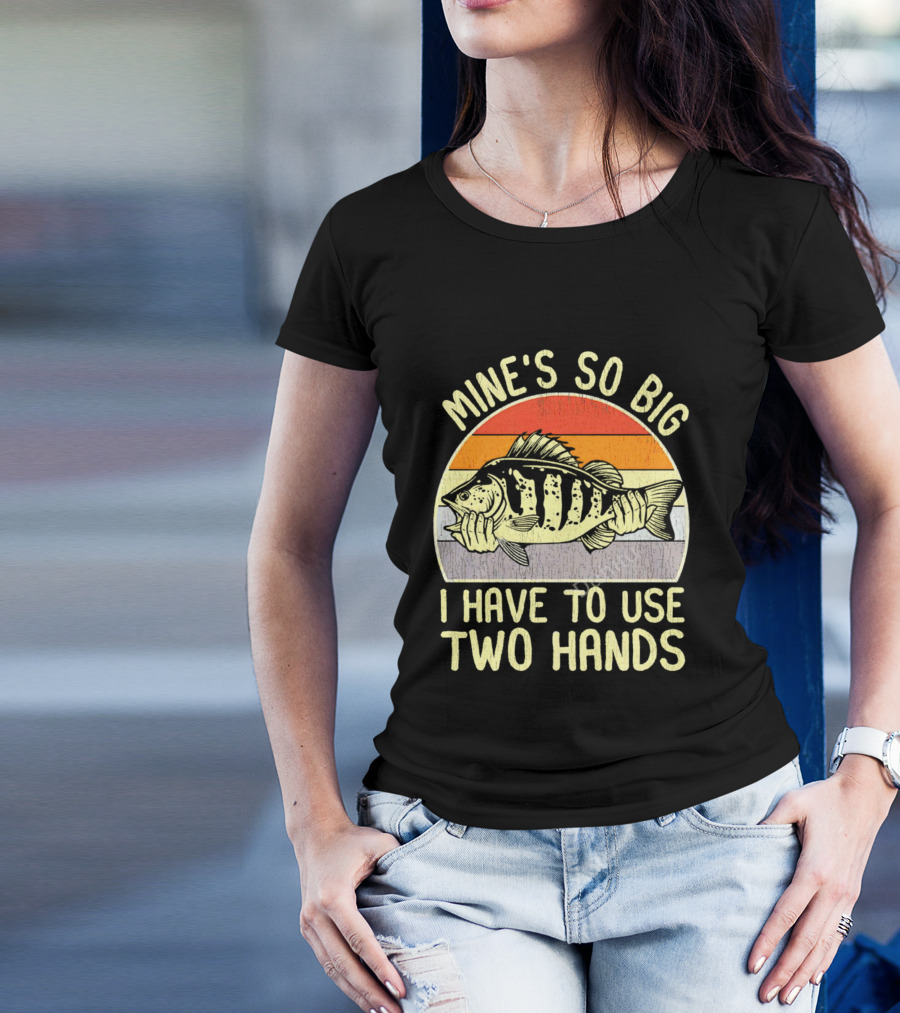 Vintage Fish Mine's So Big I Have To Use Two Hands Retro Sunset Stripes T-Shirt