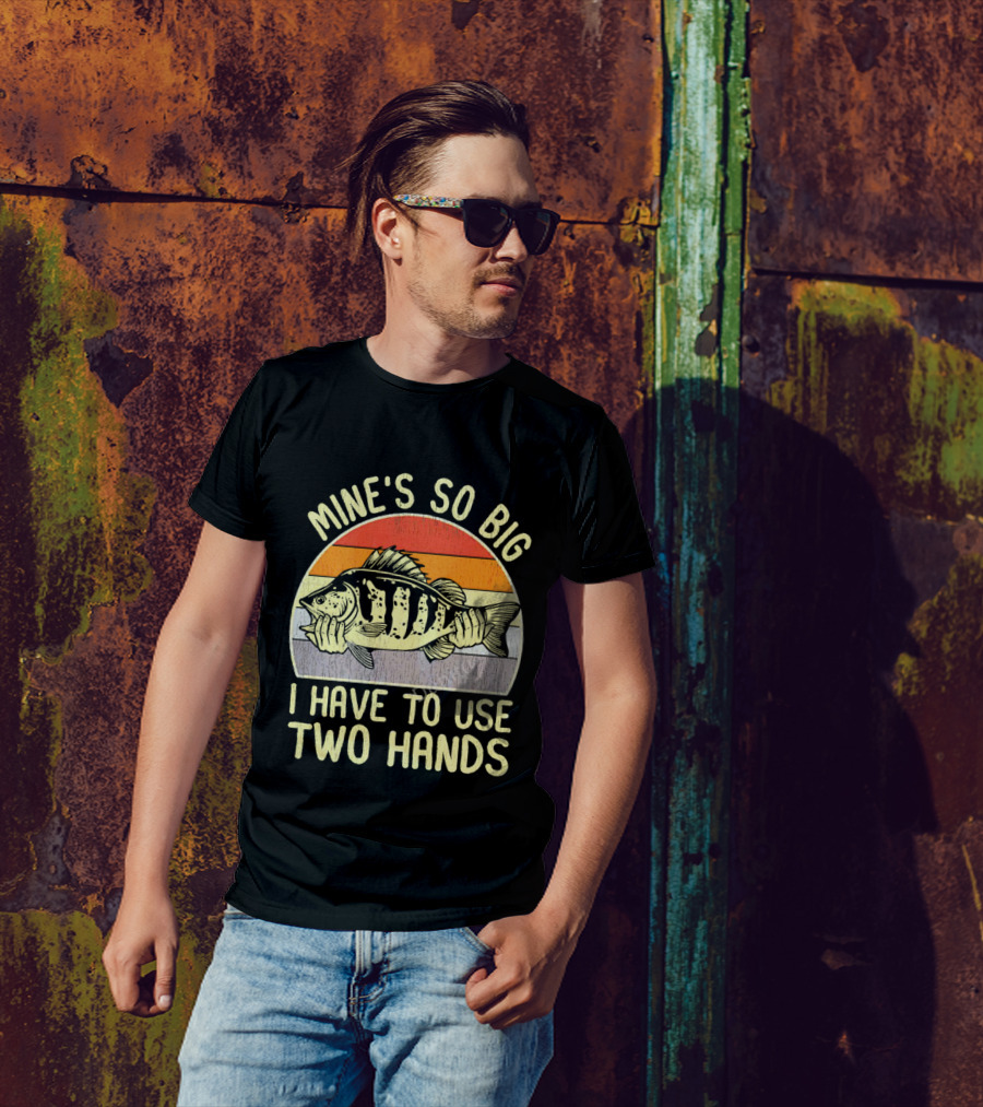 Vintage Fish Mine's So Big I Have To Use Two Hands Retro Sunset Stripes T-Shirt