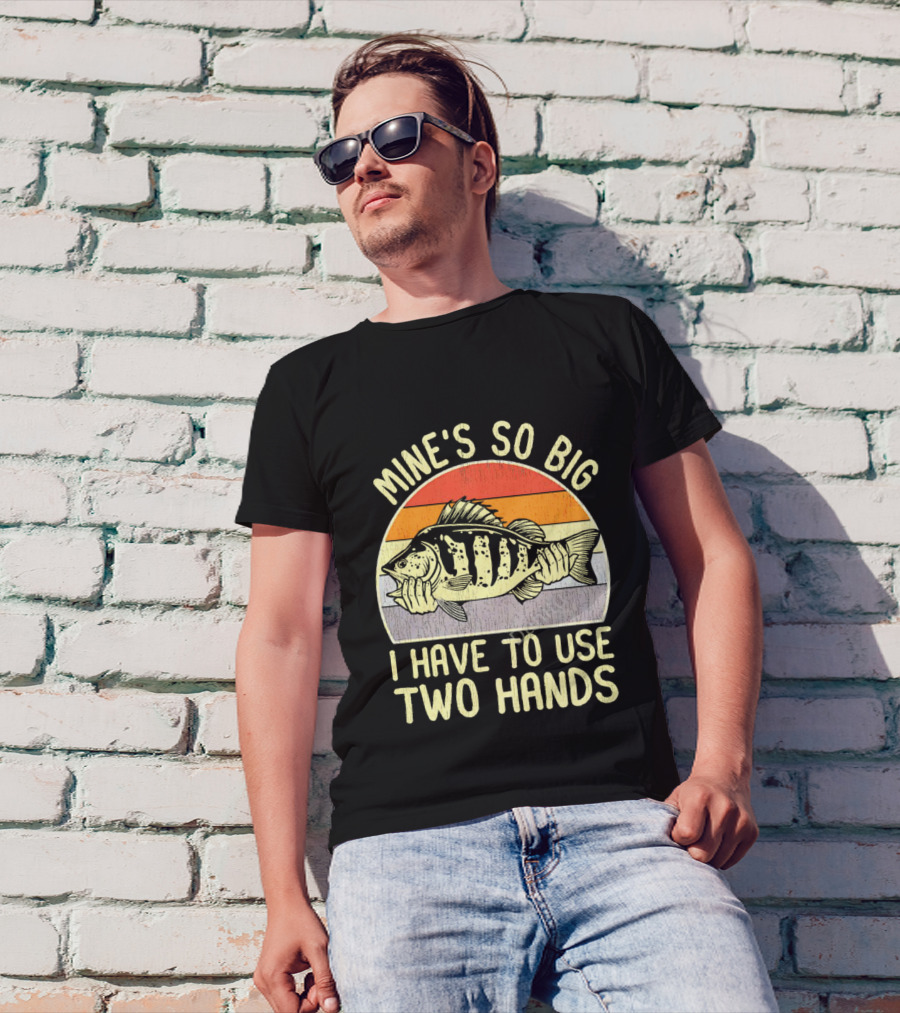 Vintage Fish Mine's So Big I Have To Use Two Hands Retro Sunset Stripes T-Shirt