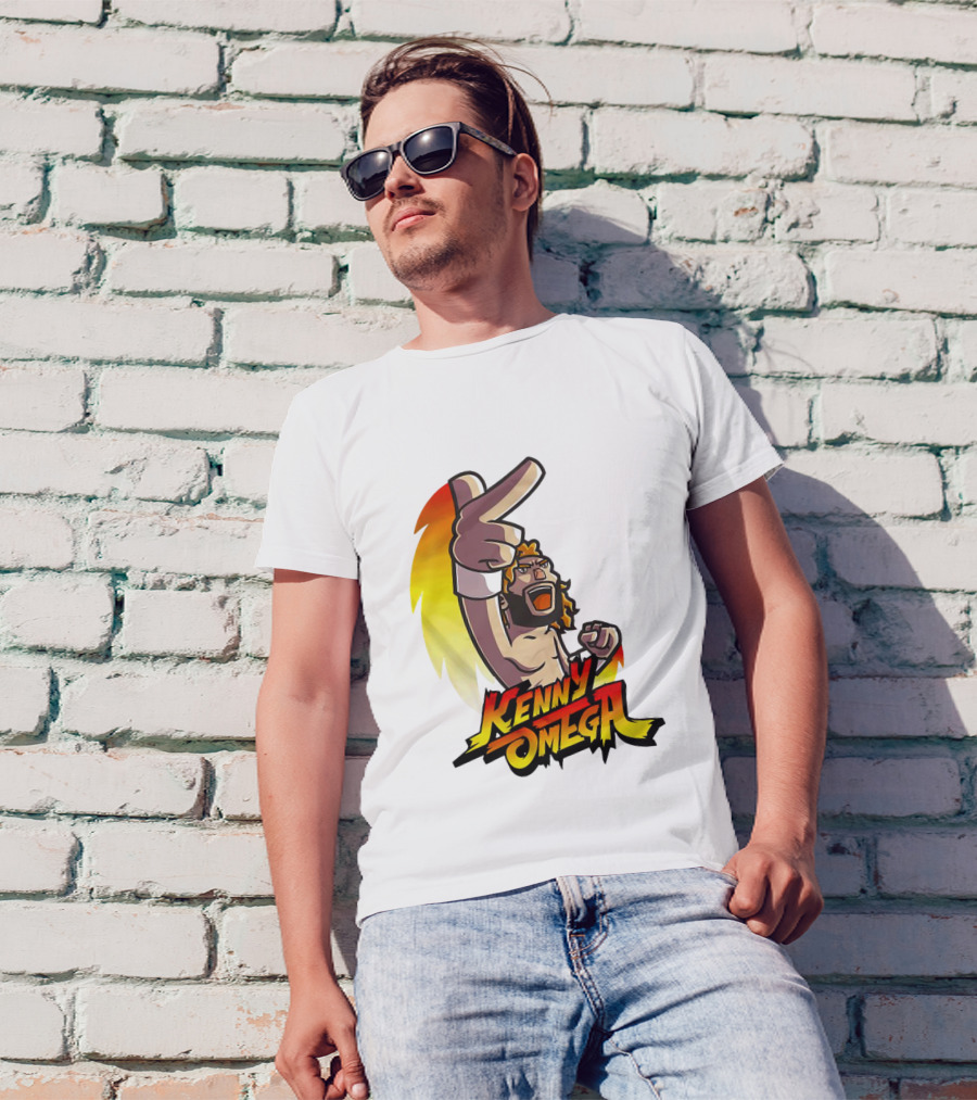 Kenny Omega Cartoon Character With Street Fighter Style Gesture And Two-Finger Pose T-Shirt