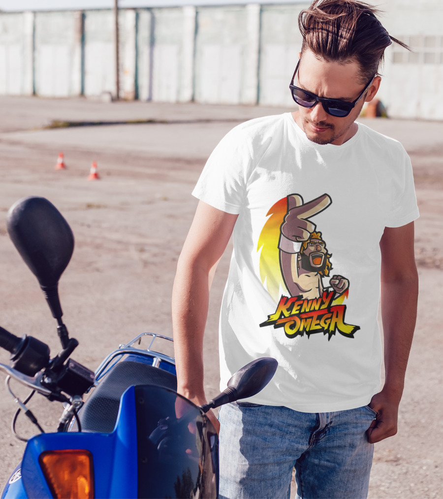 Kenny Omega Cartoon Character With Street Fighter Style Gesture And Two-Finger Pose T-Shirt
