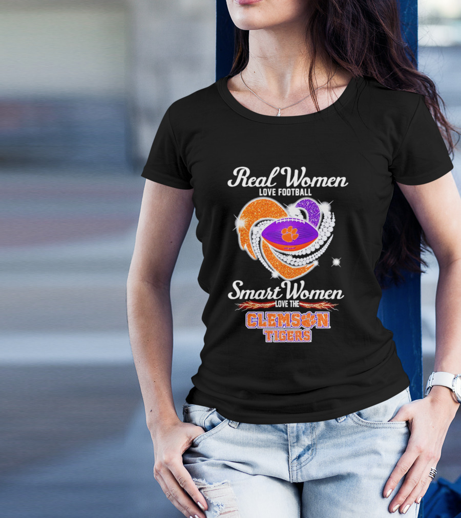 Real Women Love Football Smart Women Love The Clemson Tigers Heart Football T-Shirt