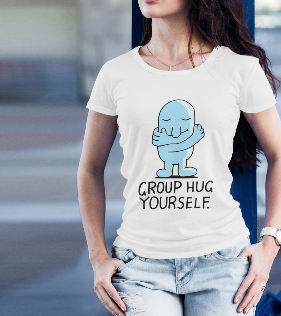 Group Hug Yourself Blue Cartoon Character Self-Embrace T-Shirt