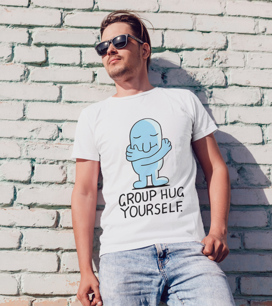 Group Hug Yourself Blue Cartoon Character Self-Embrace T-Shirt