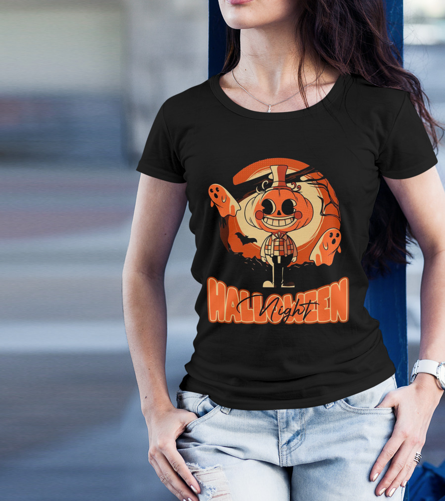 Halloween Night Pumpkin Head Boy With Ghosts And Bats T-Shirt