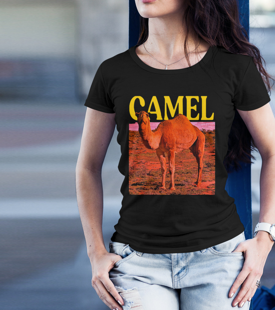 Camel In Vibrant Orange Desert Landscape T-Shirt