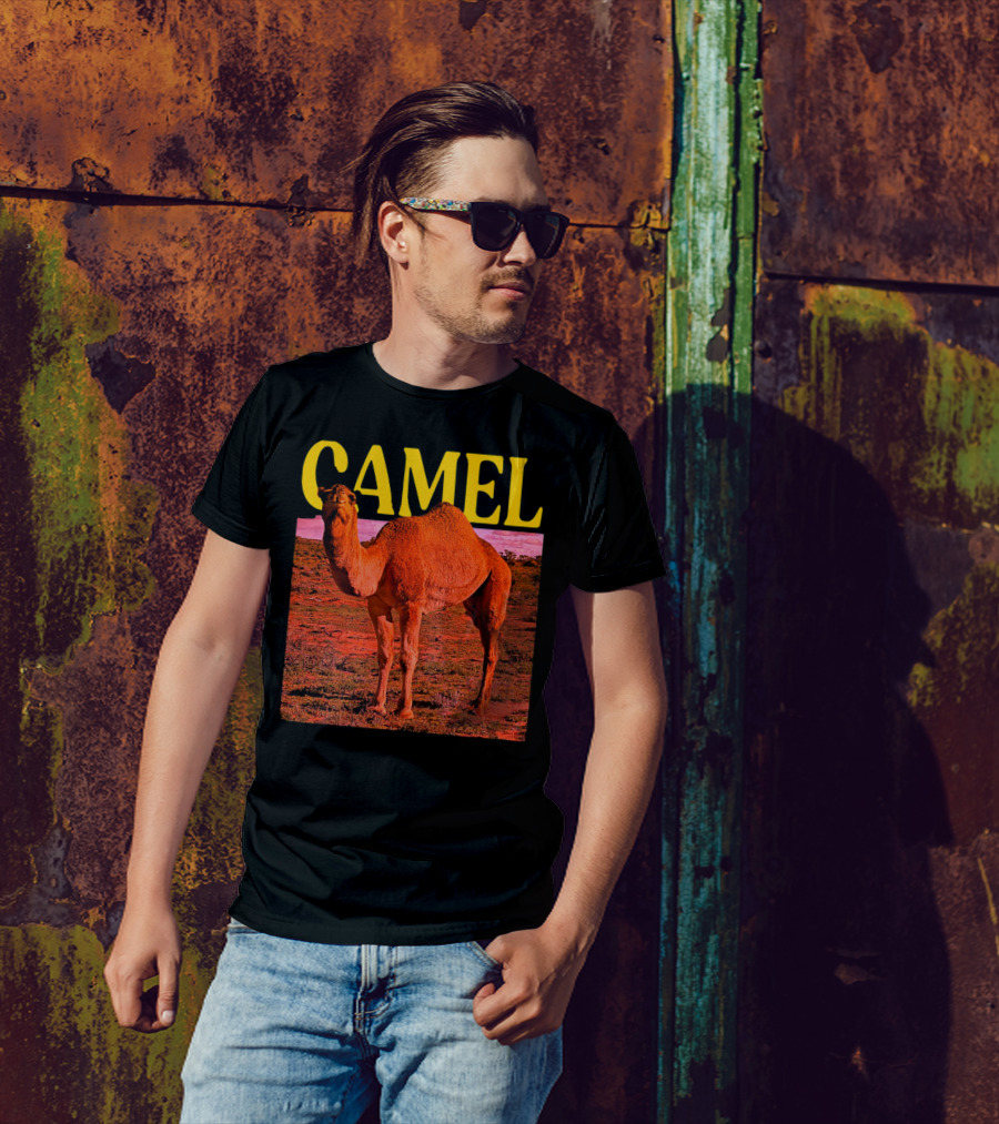 Camel In Vibrant Orange Desert Landscape T-Shirt
