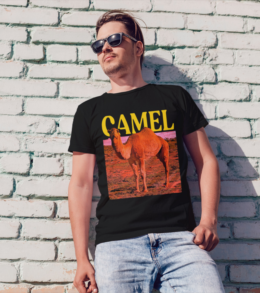 Camel In Vibrant Orange Desert Landscape T-Shirt