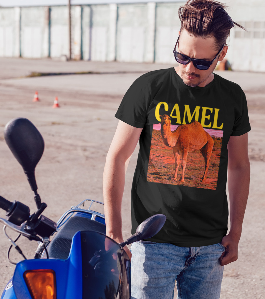 Camel In Vibrant Orange Desert Landscape T-Shirt