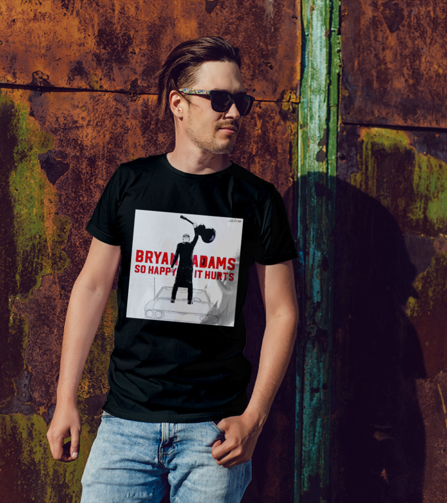 Bryan Adams So Happy It Hurts Album Cover Art Standing On Car With Guitar T-Shirt
