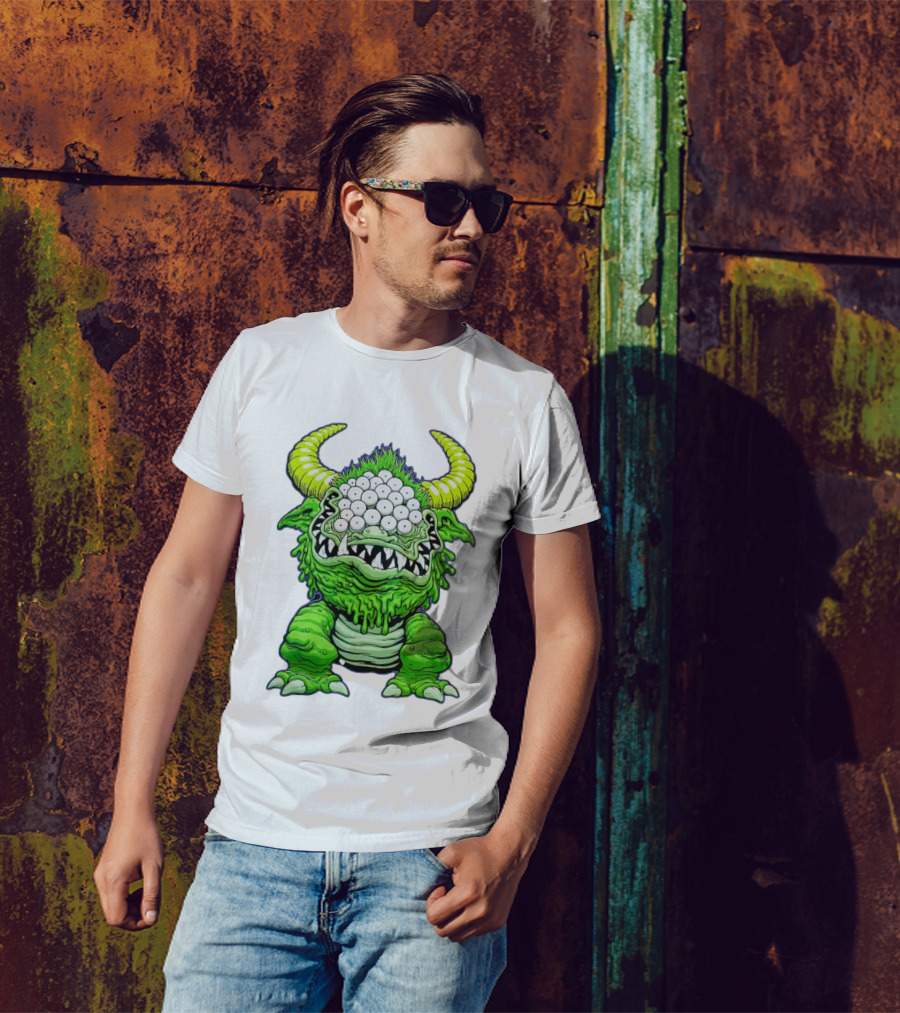 Black Beast Of Aaaarrgghh Multi-Eyed Green Monster With Horns T-Shirt